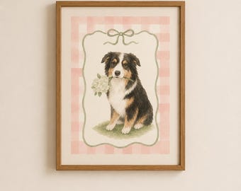 Australian Shepherd Watercolor Dog Print, Cottage Core Art, Floral Nursery Decor (Digital Download)