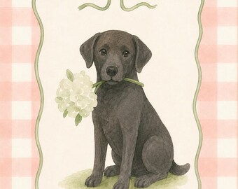 Black Lab Puppy Print, Dog with Flowers Watercolor, Cottage Core Art (Digital Download)