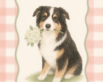 Australian Shepherd Watercolor Dog Print, Cottage Core Art, Floral Nursery Decor (Digital Download)