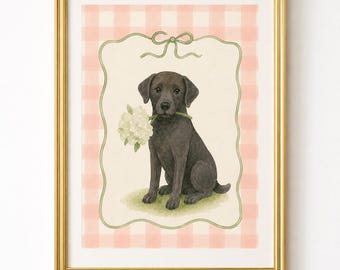 Black Lab Puppy Print, Dog with Flowers Watercolor, Cottage Core Art (Digital Download)