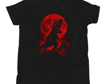 T-Rex Blood Moon Kids Shirt, Dinosaur Silhouette Graphic Tee Youth, Cool Dino Tshirt Boys, Spooky Dinosaur Kids Gift