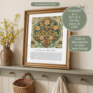 May include: A framed wall art print featuring a central square illustration of a tree with orange flowers and green leaves against a blue background, with text titled The Plan of the Master Weaver printed in black ink on a white background below.