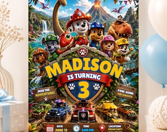 May include: A birthday invitation poster featuring Paw Patrol characters in a jungle setting with a volcano, dinosaurs, and rescue vehicles. The text reads: Madison is turning 3, Join the adventure, Paw-some fun awaits, June 15, 5:00 PM, Dream Party Hall, Miami, and RSVP 123-456-7890.