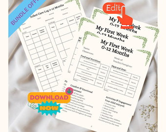 Infant Daily Report Bundle, Baby Care Log & First Week Keepsake, Editable Printable Canva