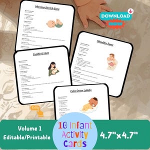 May include: A set of 10 infant activity cards measuring 4.7 inches by 4.7 inches, featuring titles like Morning Stretch Song, Shoulder Sway, Cuddle & Hum, and Calm Down Lullaby. Each card includes illustrations, recommended ages, and instructions.
