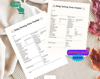 Infant Tummy Time Tracker Printable, Baby Daily Log Editable Canva Development Activity Sheets Bundle