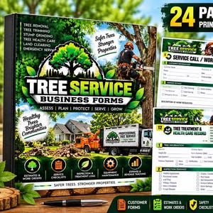 Może przedstawiać: 24-stronicowy zestaw formularzy biznesowych dla usług arborystycznych w formacie PDF do druku, w kolorystyce zielono-białej. Okładka przedstawia arborystę, dom i ciężarówkę oraz tekst Tree Service Business Forms i 24 Pages.