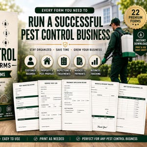 Könnte beinhalten: Ein digitales Produktpaket für Schädlingsbekämpfungsformulare mit einem dunkelgrünen und cremefarbenen Ordner-Cover, einem Schild-Logo, dem Text "Run a Successful Pest Control Business" und fünf beispielhaften, ausgedruckten Formularen auf einer Holzoberfläche.