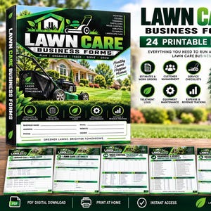 Può includere: Un set di 24 moduli aziendali stampabili per la cura del prato con una combinazione di colori verde e nero. La collezione include modelli per preventivi, ordini di lavoro, gestione clienti, liste di controllo, registri e tracciamento.