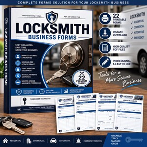 May include: A blue and white binder titled Locksmith Business Forms featuring a door lock with a key, 22 premium forms, and icons for managing customers, scheduling jobs, tracking inventory, invoices, and mileage. Includes printed sample forms.