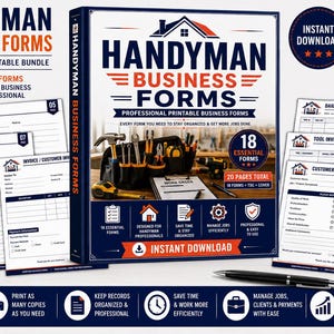 Op de afbeelding: Een digitaal pakket met 18 printbare zakelijke formulieren voor klusjesmannen. De omslag toont een gereedschapsgordel, hamer en boormachine. Bevat werkbonnen, offertes, facturen, daglogs, gereedschapsinventaris en klanttevredenheidsformulieren.