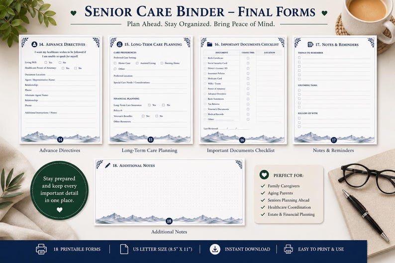 May include: A Senior Care Binder set featuring printable forms with blue mountain graphics. Includes sections for Advance Directives, Long-Term Care Planning, Important Documents Checklist, Notes & Reminders, and Additional Notes in US Letter size 8.5 x 11 inches.
