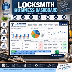 May include: A digital Locksmith Business Dashboard spreadsheet displayed on a laptop screen, featuring charts, tables, and financial data for tracking customers, jobs, invoices, expenses, inventory, and mileage. Includes car keys and a lock cylinder.