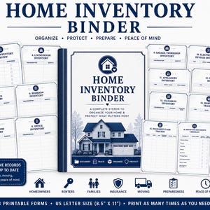 Peut inclure: Un ensemble de classeur d'inventaire domestique comprenant 18 formulaires imprimables avec un schéma de couleurs bleu foncé et blanc. La couverture centrale affiche une illustration de maison et le texte Home Inventory Binder.