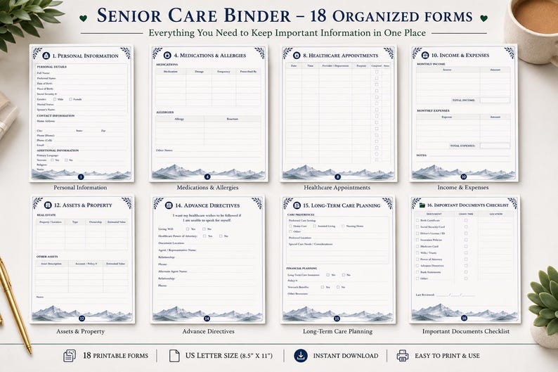 Senior Care Binder | Caregiver Organizer | Medical Information Forms | Emergency Contacts | Estate Planning | Printable PDF image 3