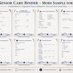 May include: A set of eight printable forms for a senior care binder, featuring blue mountain illustrations at the bottom. The forms include sections for emergency contacts, physicians, daily care, medical history, insurance, finances, and legal documents.