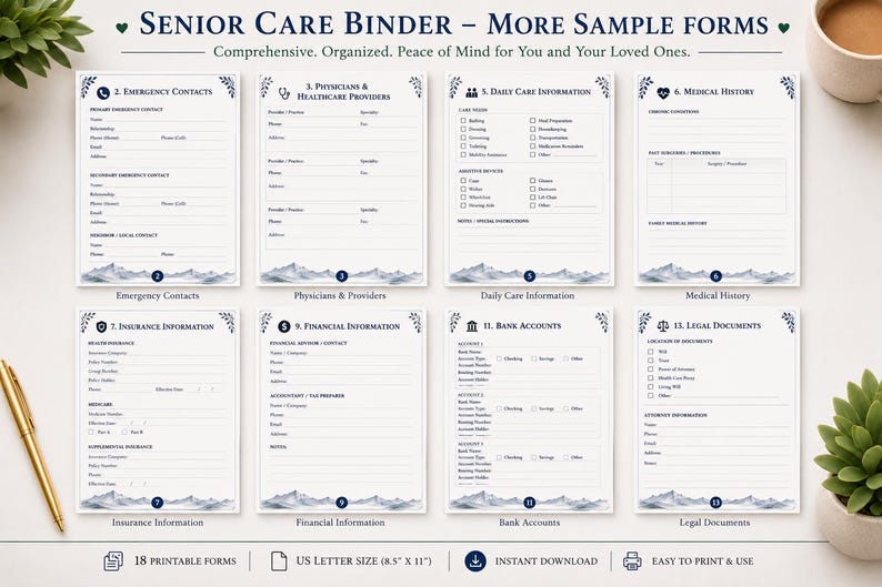 May include: A set of eight printable forms for a senior care binder, featuring blue mountain illustrations at the bottom. The forms include sections for emergency contacts, physicians, daily care, medical history, insurance, finances, and legal documents.