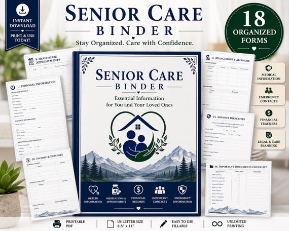 Senior Care Binder | Caregiver Organizer | Medical Information Forms | Emergency Contacts | Estate Planning | Printable PDF