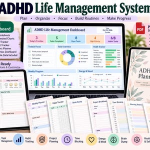 May include: An ADHD Life Management System featuring an Excel dashboard, a printable PDF with 9 planning pages, and a digital planner. The display shows task trackers, habit trackers, and progress charts. A mug with the text Small Steps Big Results is included.