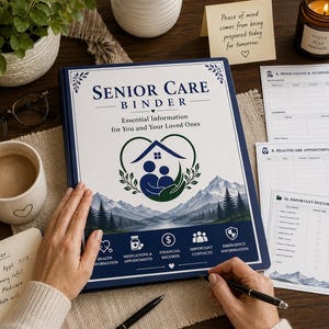 May include: A Senior Care Binder with a dark blue and white cover featuring a mountain landscape, a heart-shaped house icon, and text including "Senior Care Binder" and "Essential Information for You and Your Loved Ones" with various medical forms.