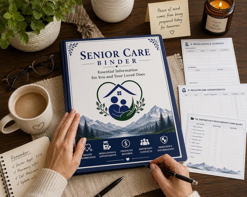 May include: A Senior Care Binder with a dark blue and white cover featuring a mountain landscape, a heart-shaped house icon, and text including "Senior Care Binder" and "Essential Information for You and Your Loved Ones" with various medical forms.