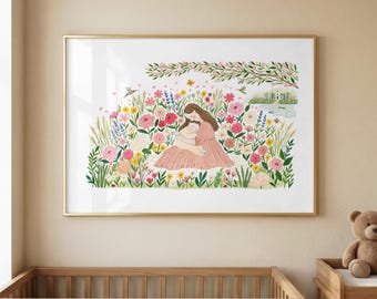 Mother and Baby Wildflower Nursery Wall Art | Floral Mom and Child Print
