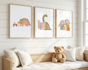 Dinosaur Nursery Wall Art Set of 3, Brontosaurus Triceratops Stegosaurus Prints, Kids Room Decor
