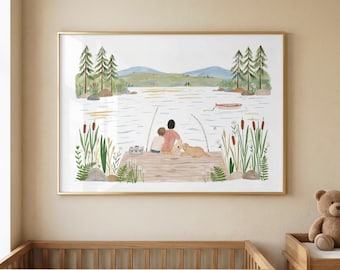 Father and Son Fishing Wall Art | Dad Boy Lake Cabin Print
