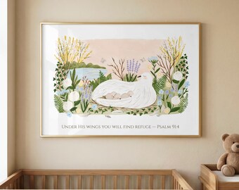 Psalm 91:4 Christian Nursery Wall Art | Dove & Babies Bible Verse Print