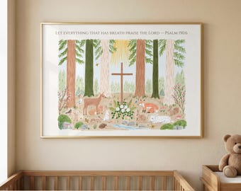 Psalm 150:6 Christian Nursery Wall Art | Woodland Animals Bible Verse Print