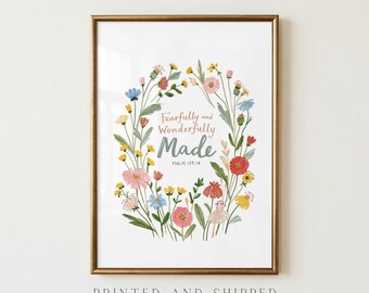 Psalm 139:14 Christian Nursery Wall Art | Fearfully and Wonderfully Made Floral Bible Verse Print