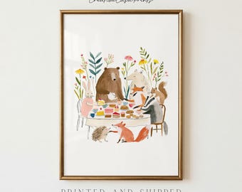 Woodland Animal Tea Party Wall Art, Nursery Animal Print, Forest Friends Decor, Woodland Nursery Art, Cute Kids Room Decor