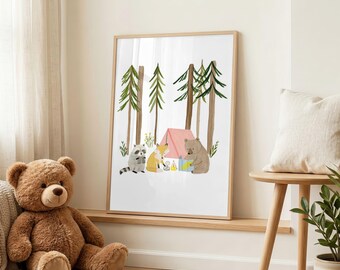 Woodland Camping Nursery Wall Art | Bear Fox Raccoon Adventure Print