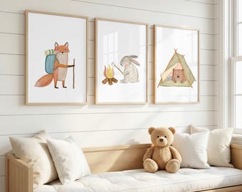 Camping Nursery Wall Art Set of 3, Fox Bunny Bear Adventure Prints, Woodland Kids Room Decor