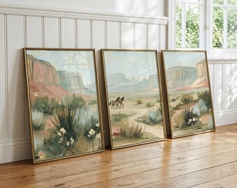 Southwestern Wall Art Set of 3, Desert Horse Mesa Prints, Western Home Decor