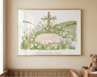 Psalm 23:1 Christian Nursery Wall Art | Lamb & Sheep Bible Verse Print