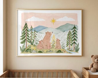 Christian Bear Nursery Wall Art | Psalm 46:10 Woodland Nursery Print