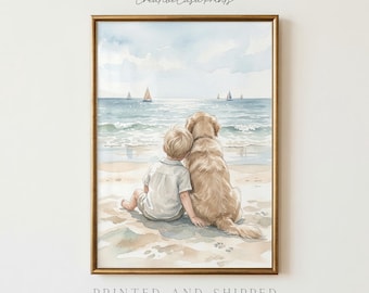 Boy and Golden Retriever Beach Print, Little Boy with Dog Wall Art, Coastal Nursery Ocean Poster, Whimsical Kids Playroom Gift