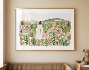 Jesus and Child Christian Nursery Wall Art | Faith Based Wildflower Nursery Print
