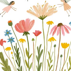 May include: A whimsical illustration featuring two small fairies with translucent wings flying above a vibrant meadow of wildflowers. The scene includes pink, yellow, orange, and blue flowers with green stems and leaves against a plain white background.