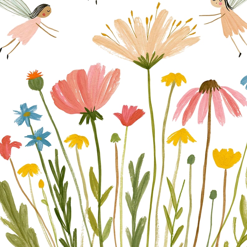 May include: A whimsical illustration featuring two small fairies with translucent wings flying above a vibrant meadow of wildflowers. The scene includes pink, yellow, orange, and blue flowers with green stems and leaves against a plain white background.