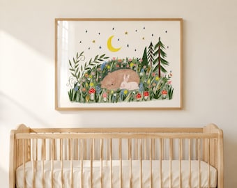 Woodland Nighttime Print | Bear Bunny Kids Room Poster