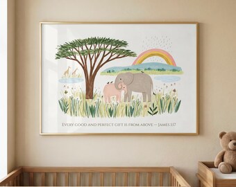 James 1:17 Christian Nursery Wall Art | Elephant & Baby Rainbow Bible Verse Print