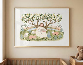 Jesus With Lambs Christian Nursery Wall Art | Good Shepherd Nursery Print