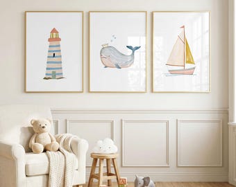 Nautical Wall Art Set of 3, Lighthouse Sailboat Whale Prints, Coastal Nursery Decor