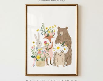 Woodland Flower Crown Wall Art, Woodland Nursery Print, Forest Animal Nursery Decor, Girl Nursery Wall Art, Wildflower Kids Room Decor