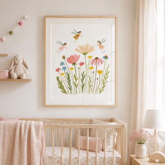 Whimsical Fairy Garden Wall Art | Fairy Nursery Print | Floral Nursery Decor | Wildflower Fairy Wall Art for Girls Room