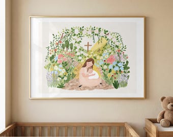 Mother and Child Christian Wall Art | Faith Inspired Floral Garden Print
