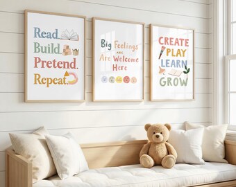 Playroom Wall Art Set of 3, Learning and Big Feelings Prints, Colorful Kids Room Decor