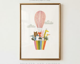 Woodland Animal Hot Air Balloon Wall Art, Nursery Animal Print, Adventure Nursery Decor, Woodland Nursery Art, Cute Kids Room Decor